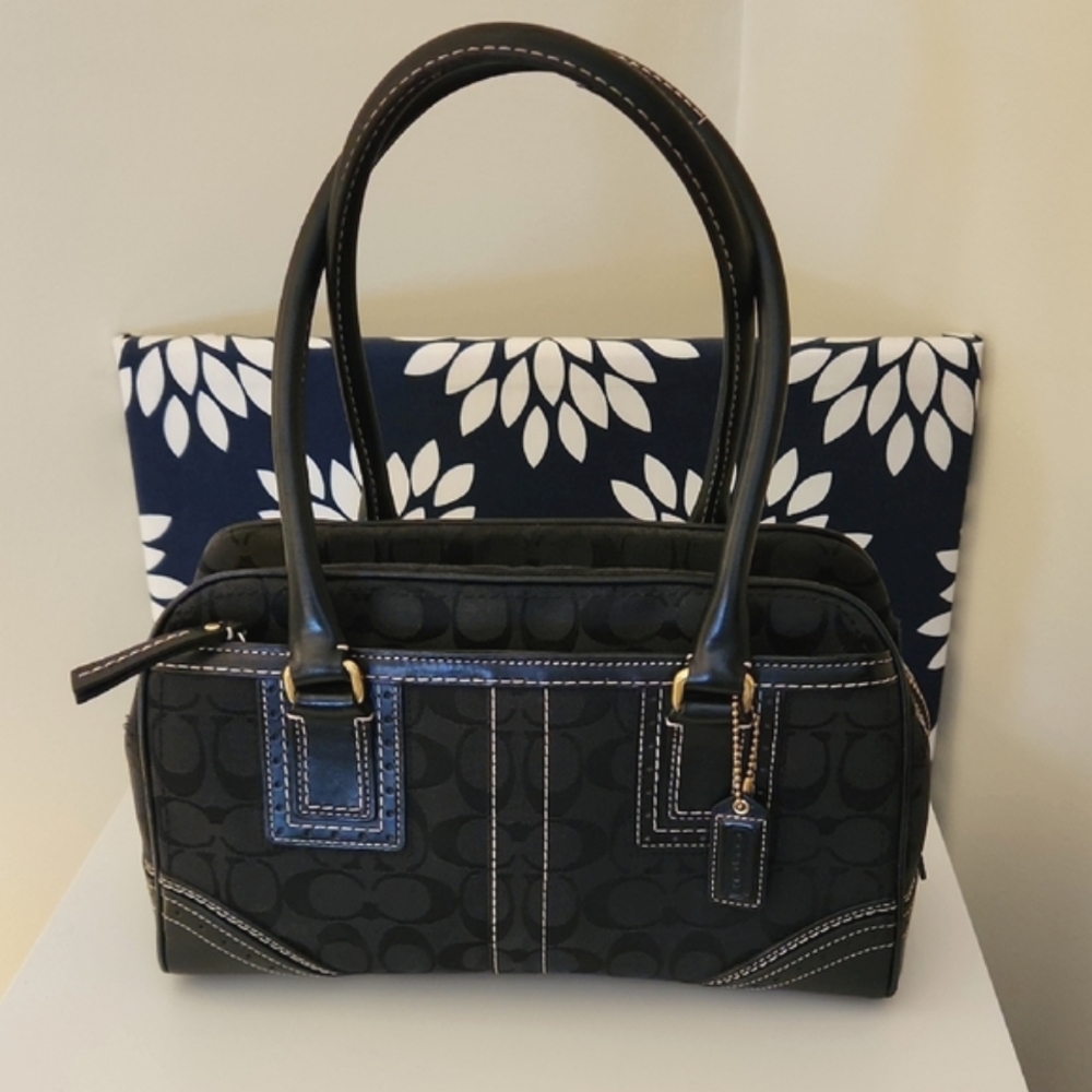 Coach Satchel Bag Signature Jacquard Black Gold Accents White Stitching